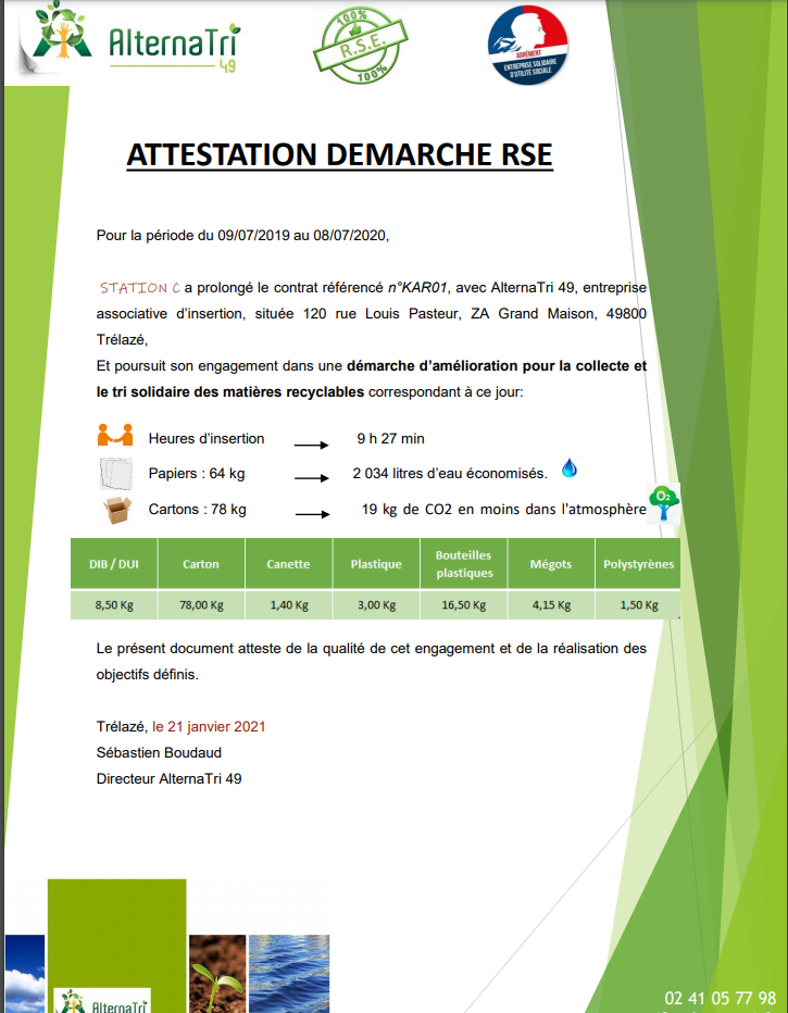 Attestation démarche RSE 07/2019 - 07/2020